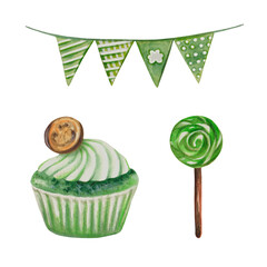 Watercolor set of green party garland hanging flags, cupcake, lollipop. For prints, stickers, St.Patrick's day invites, scrapbooking, stationery, postcards, flyers, festive decor, baby shower, parties