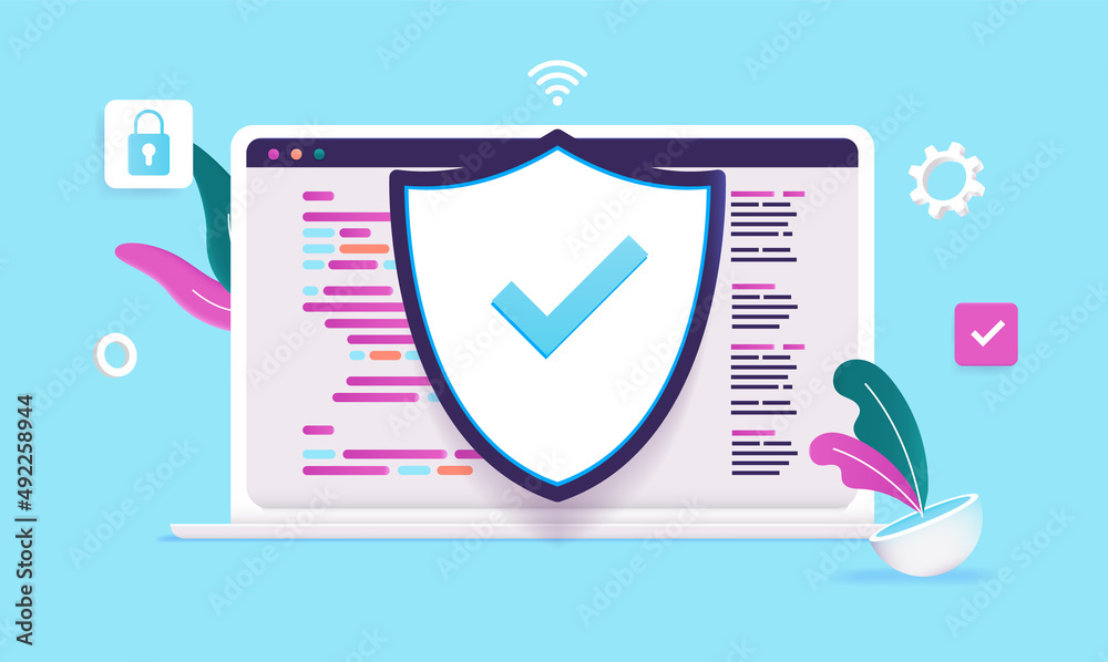 Poster Computer security - Vector illustration of laptop with protection shield and code on screen
