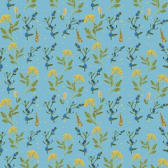 seamless pattern with summer leaves and flowers on blue background