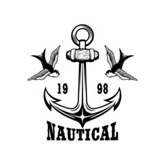 Vintage anchor with swallows. Design element for emblem, sign, badge, logo. Vector illustration