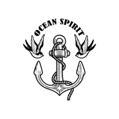 Vintage anchor with swallows. Design element for emblem, sign, badge, logo. Vector illustration