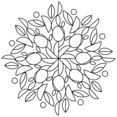 Anti-stress floral coloring. Linear mandala pattern. The sketch of the tattoo is drawn with black lines.