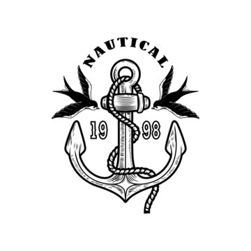 Vintage anchor with swallows. Design element for emblem, sign, badge, logo. Vector illustration