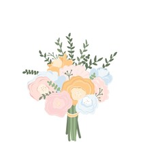 Vector bouquet of pink, blue, yellow flowers. bridal bouquet.