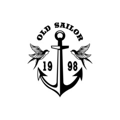 Vintage anchor with swallows. Design element for emblem, sign, badge, logo. Vector illustration