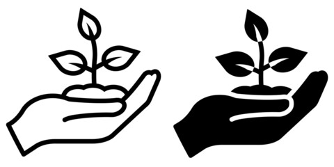 ofvs6 OutlineFilledVectorSign ofvs - hand holding a young plant vector icon . isolated transparent . start . charity gesture sign . black outline and filled version . AI 10 / EPS 10 . g11281