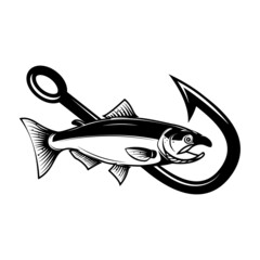 Salmon and fishing hook. Design element for emblem, sign, badge, logo. Vector illustration