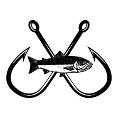 Salmon and fishing hook. Design element for emblem, sign, badge, logo. Vector illustration