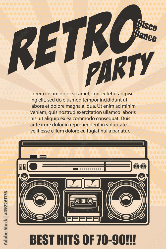 Wall mural retro party. poster template with retro style boombox. design element for banner, sign, flyer. vecto