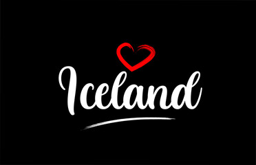Iceland country with love red heart on black background