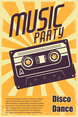 Obraz premium Retro party. Poster template with retro style audio cassette. Design element for banner, sign, flyer. Vector illustration