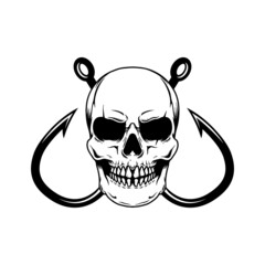 Skull with crossed fishing hooks. Design element for logo, label, sign, emblem. Vector illustration