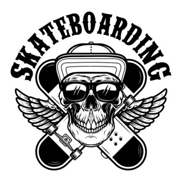 Skateboarder skull with crossed skateboards. Design element for logo, label sign, poster, t shirt. Vector illustration