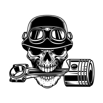 recommend clip art: Biker skull with piston in teeth. Design element for logo, label, sign, emblem. Vector illustration