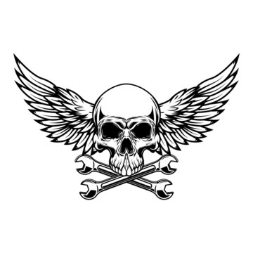 recommend clip art: Winged skull with crossed wrenches. Design element for emblem, sign, badge, logo. Vector illustration