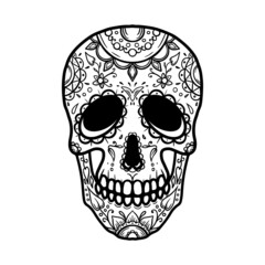 Sugar skull in monochrome style. Design element for logo, label, sign, emblem. Vector illustration