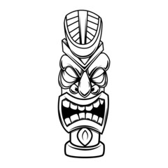 Illustration tiki statue in monochrome style. Design element for logo, label, sign, poster, card. Vector illustration