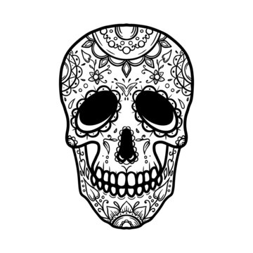 Sugar skull in monochrome style. Design element for logo, label, sign, emblem. Vector illustration