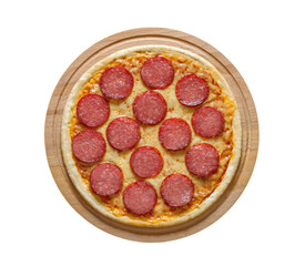 Pepperoni pizza with sausage, whole uncut, isolated on a round wooden cutting board on white background with clipping path.