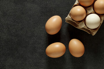 Chicken eggs whole in cardboard tray and on dark background, top view, space to copy text..