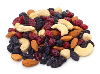 Handfuls of nuts and dried fruits.