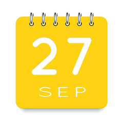 27 day of the month. September. Cute yellow calendar daily icon. Date day week Sunday, Monday, Tuesday, Wednesday, Thursday, Friday, Saturday. Cut paper. White background. Vector illustration.