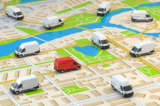 Fast delivery comercial vans on city map. Fleet of delivery service.