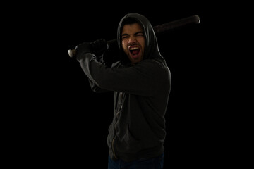 Angry thief using a bat on a fight