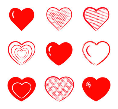 Set of red hand drawn hearts isolated on white background. Cartoon vector hearts. Set of heart for Valentine's day, greeting cards