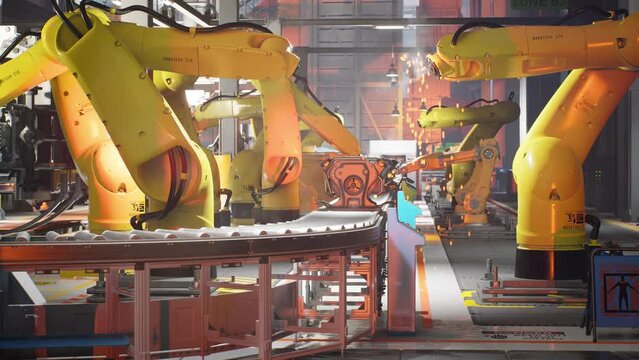 Robots are welding the car body, making car body on a automobile factory, 3d animation