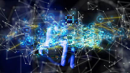 Neural network 3D illustration. Big data and cybersecurity