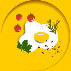 egg with vegetables, yellow, parsley, rosemary, pomegranates and tomatoes, paper effect