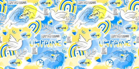 Ukraine seamless vector pattern. SYMBOLS OF THE COUNTRY in Ukrainian national colors blue-yellow. repeat pattern. Support the background of Ukraine.