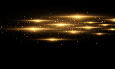 Golden horizontal highlights. Laser beams, dust, glare. Beautiful light flashes. Glowing stripes on a dark background.