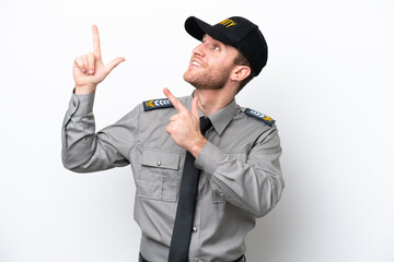 Young safeguard caucasian man isolated on white background pointing with the index finger a great...