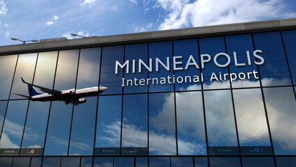 Airplane landing at Minneapolis Minnesota, USA airport mirrored in terminal - obrazy, fototapety, plakaty