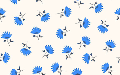 Seamless floral pattern based on traditional folk art ornaments. Colorful flowers on light background. Scandinavian style. Sweden nordic style. Vector illustration. Simple minimalistic pattern