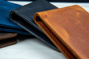 colorful handmade leather wallets closeup men style fashion