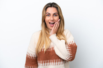 Young caucasian woman isolated on white background with surprise and shocked facial expression