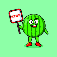 Cute Cartoon mascot illustration watermelon with stop sign board vector drawing cute modern style design 
