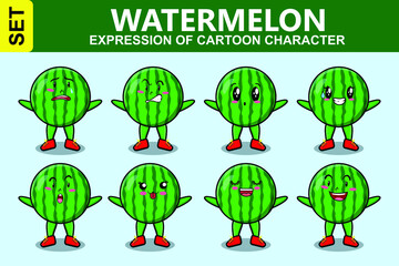 Set kawaii watermelon cartoon character with different expressions of cartoon face vector illustrations