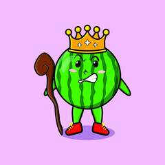 Cute cartoon watermelon mascot as wise king with golden crown and wooden stick