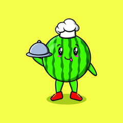Cute Cartoon chef watermelon mascot character serving food on tray cute style design 