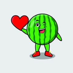 Cute cartoon watermelon character holding big red heart in modern style design