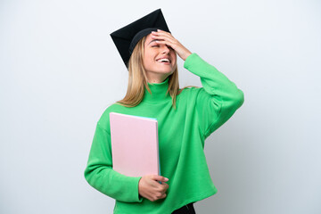 Young university graduate woman isolated on white background has realized something and intending the solution