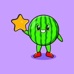 Cute cartoon watermelon character holding big golden star in cute modern style design 