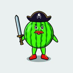 Cute cartoon mascot character watermelon pirate with hat and holding sword in modern design
