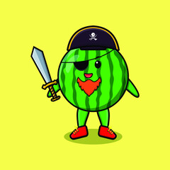 Cute cartoon mascot character watermelon pirate with hat and holding sword in modern design