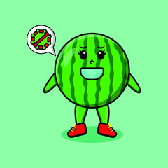 Obraz premium Cute cartoon mascot illustration watermelon using mask to prevent corona virus in cute modern style design