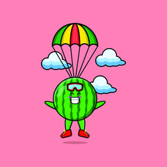 Cute mascot cartoon Watermelon is skydiving with parachute and happy gesture cute modern style design